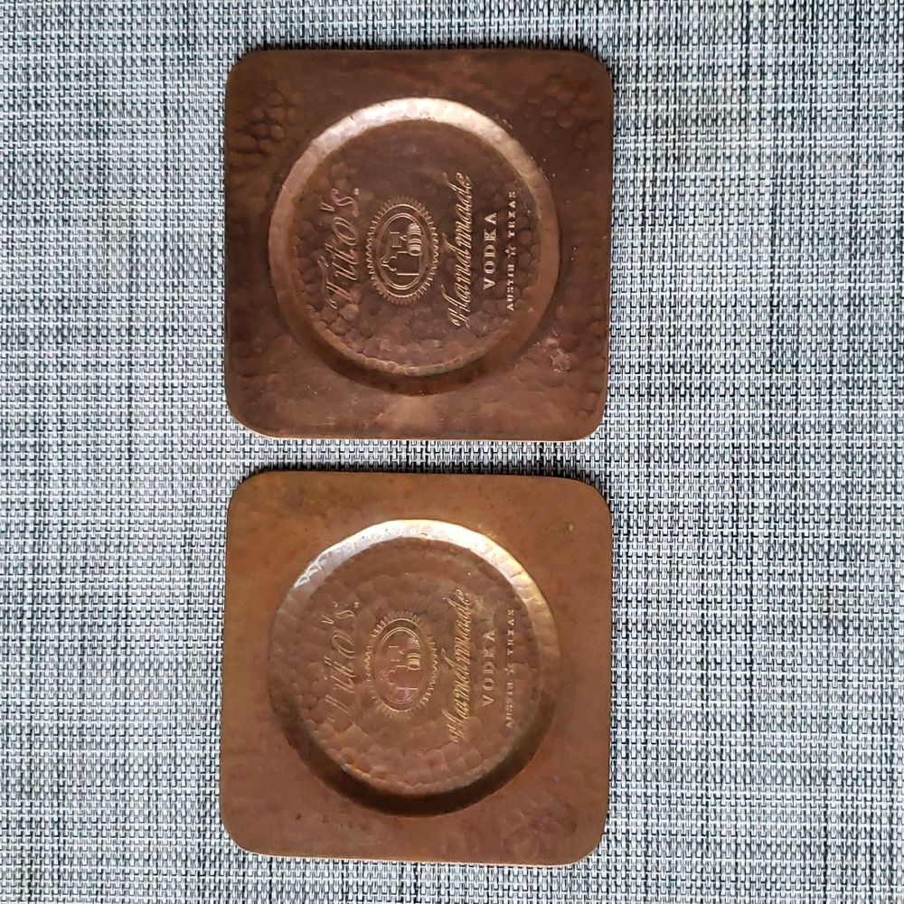 RARE Set of 2 Tito's Handmade Vodka Hammered Copper Square Drink Coasters Patina